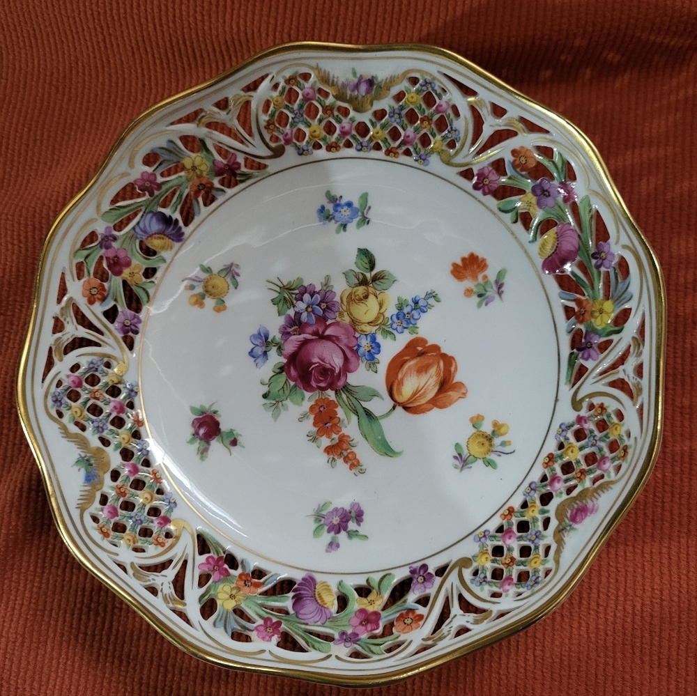 Vintage Schumann Bavaria Dresden Flowers Reticulated Bowl